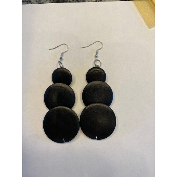 Earrings Black Dangle Teardrop Wooden Boho Modern Round Hippie Statement NEW - Picture 2 of 4